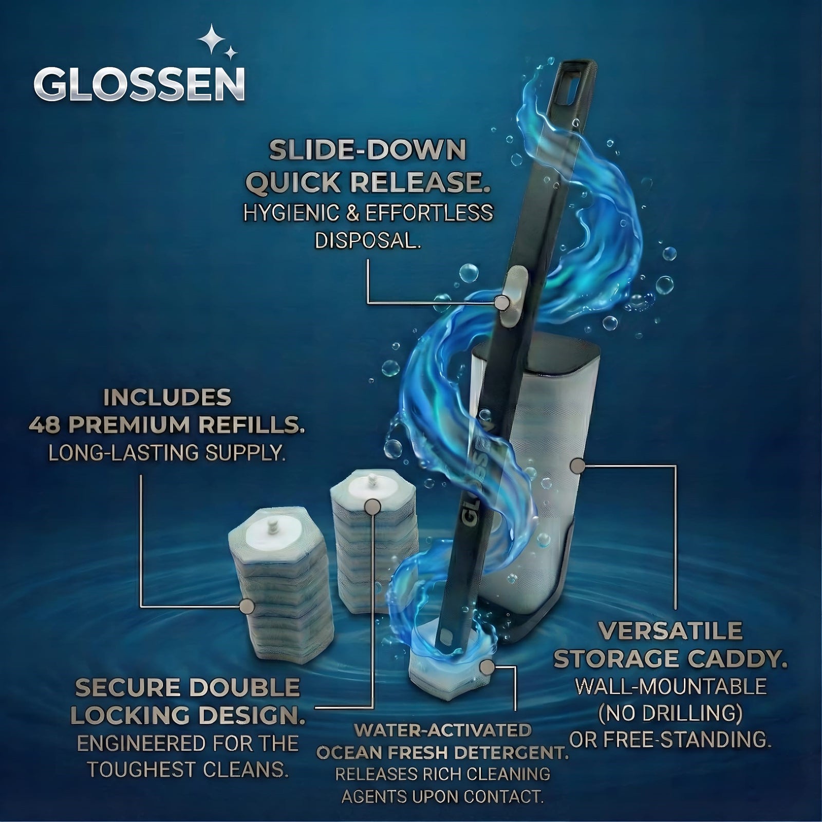 GLOSSEN Disposable Toilet Brush - Cleaner With 48 Refill Pads