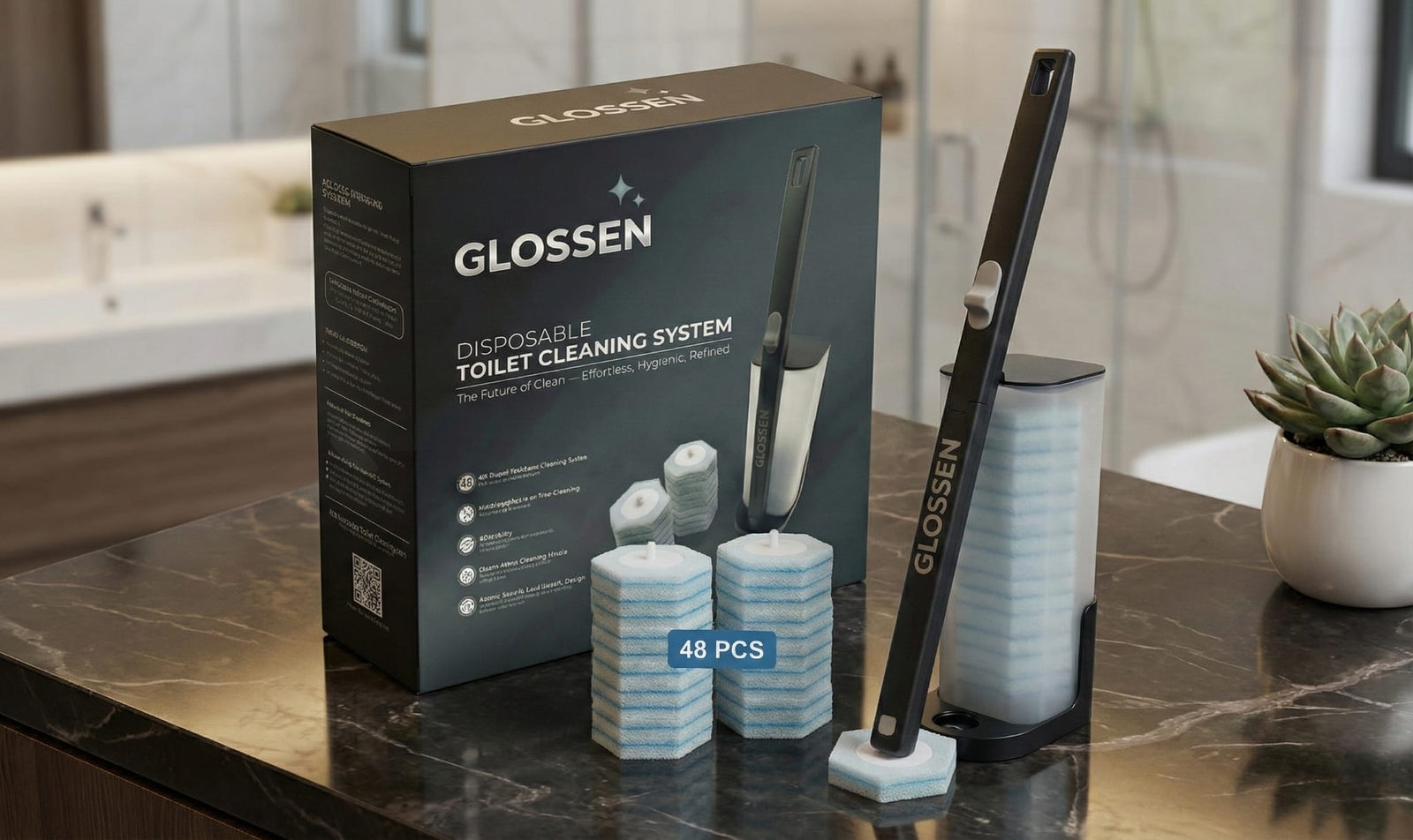 GLOSSEN Disposable Toilet Brush - Cleaner With 48 Refill Pads