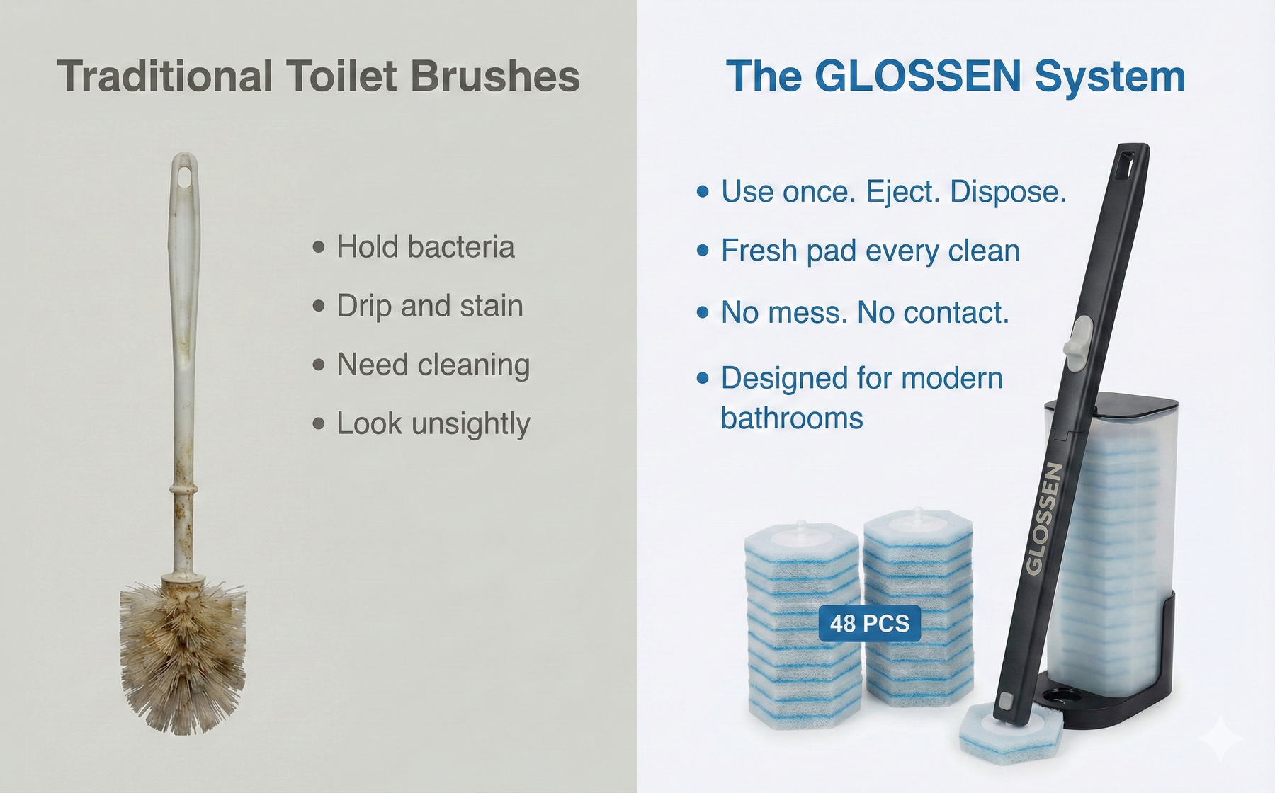 Traditional toilet brush vs GLOSSEN toilet brush